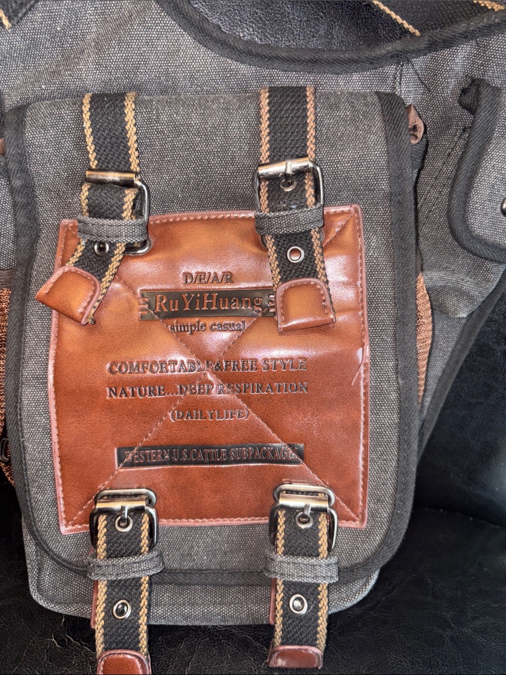 Men's Brown & Gray Canvas Messenger Bag with Faux Leather Patch”
